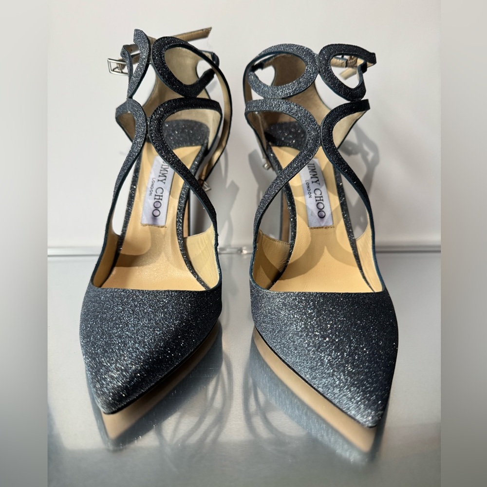 Jimmy Choo Blue Glitter Lancer leather size 38.5, with authenticity certificate.